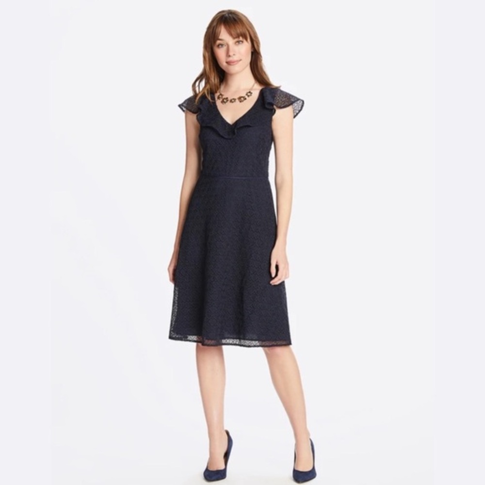 Draper James Heart Lace Flounce Shoulder Dress - Nassau Navy - Size XS